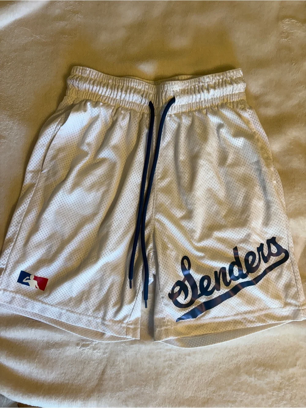 Full Send White 'Senders' Athletic Mesh Shorts with Navy Trim